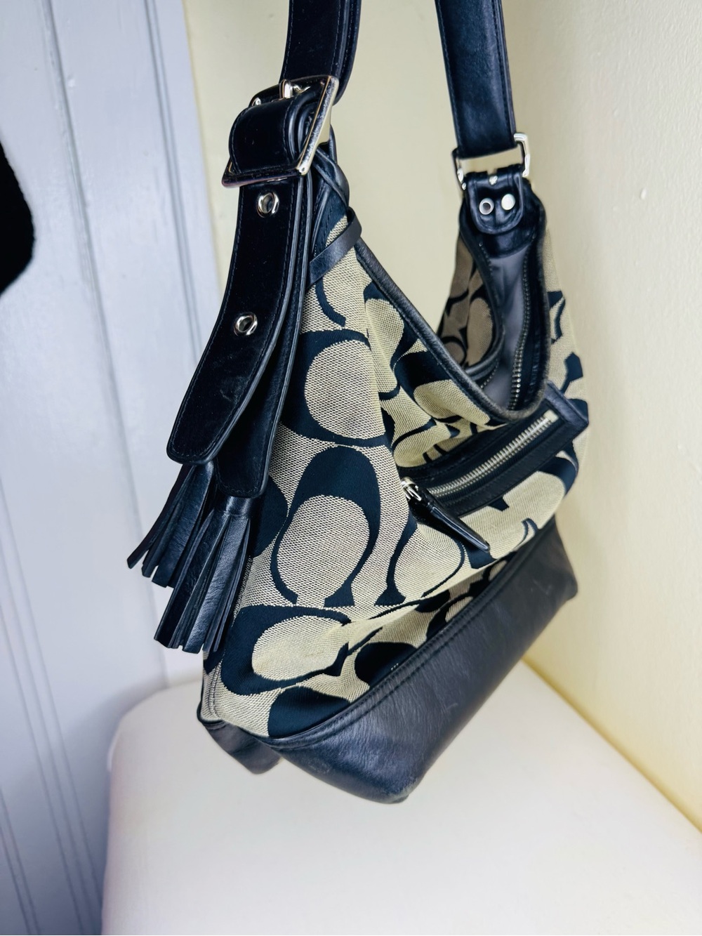 Coach Black and Beige Signature Canvas Shoulder Bag with Tassel - Picture 3 of 13